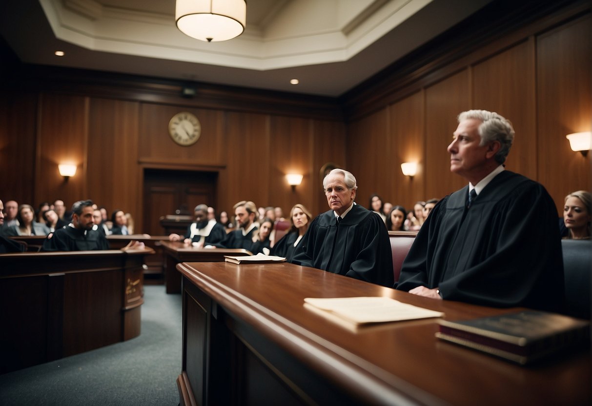 The courtroom is filled with tension as the judge announces the verdict. Lawyers discuss potential appeals while the plaintiff and defendant await the outcome