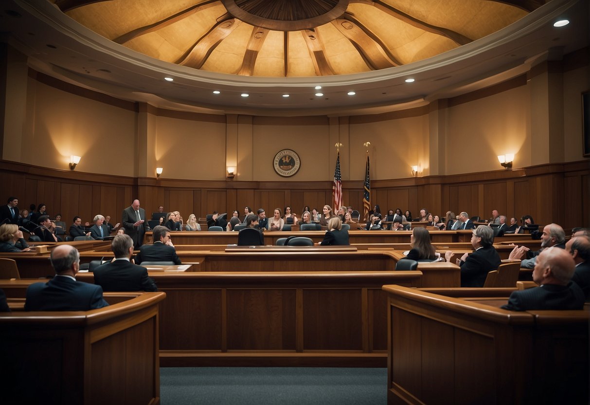 A courtroom with lawyers presenting arguments, judges listening, and a jury deliberating, illustrating the process of appeals and post-trial motions in personal injury cases