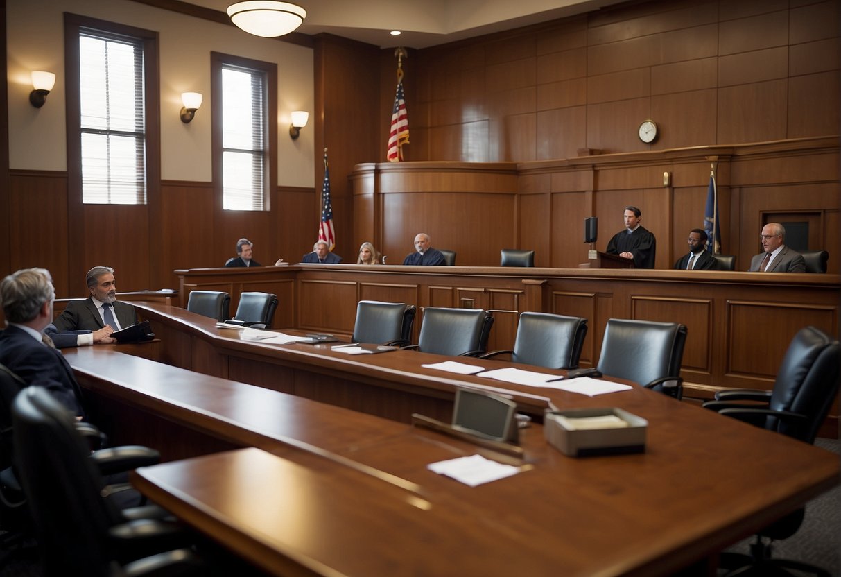 A courtroom with lawyers presenting post-trial motions in personal injury cases, judges presiding, and a jury observing