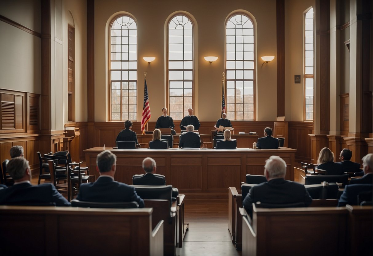 A courtroom with a judge presiding over a personal injury case, lawyers presenting appellate briefs, and jurors listening intently