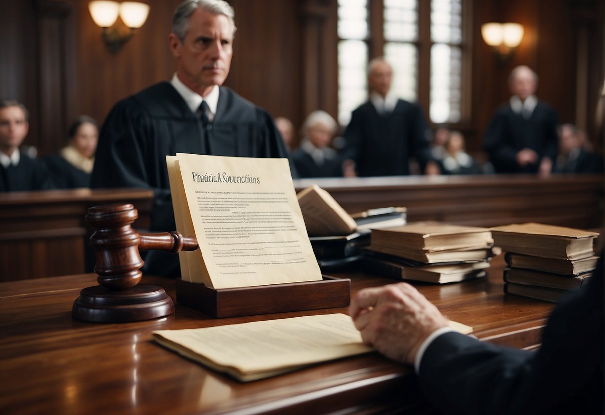 A lawyer standing in a courtroom, pointing to a stack of papers labeled "Defendants' Financial Counteractions." A judge sits at the bench, while the lawyer enforces judgments in a personal injury lawsuit