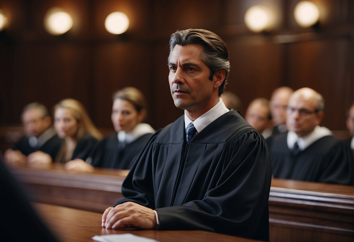 A courtroom with a judge presiding over a personal injury lawsuit, lawyers presenting evidence, and a jury deliberating the judgment