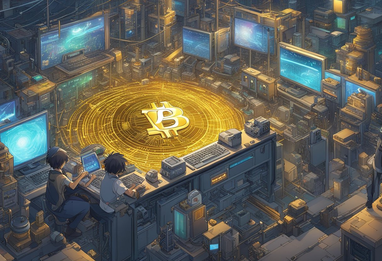 Bitcoin's largest mining pool shows unusual activity, with machines buzzing and data streams flowing rapidly. An air of mystery and intrigue surrounds the scene