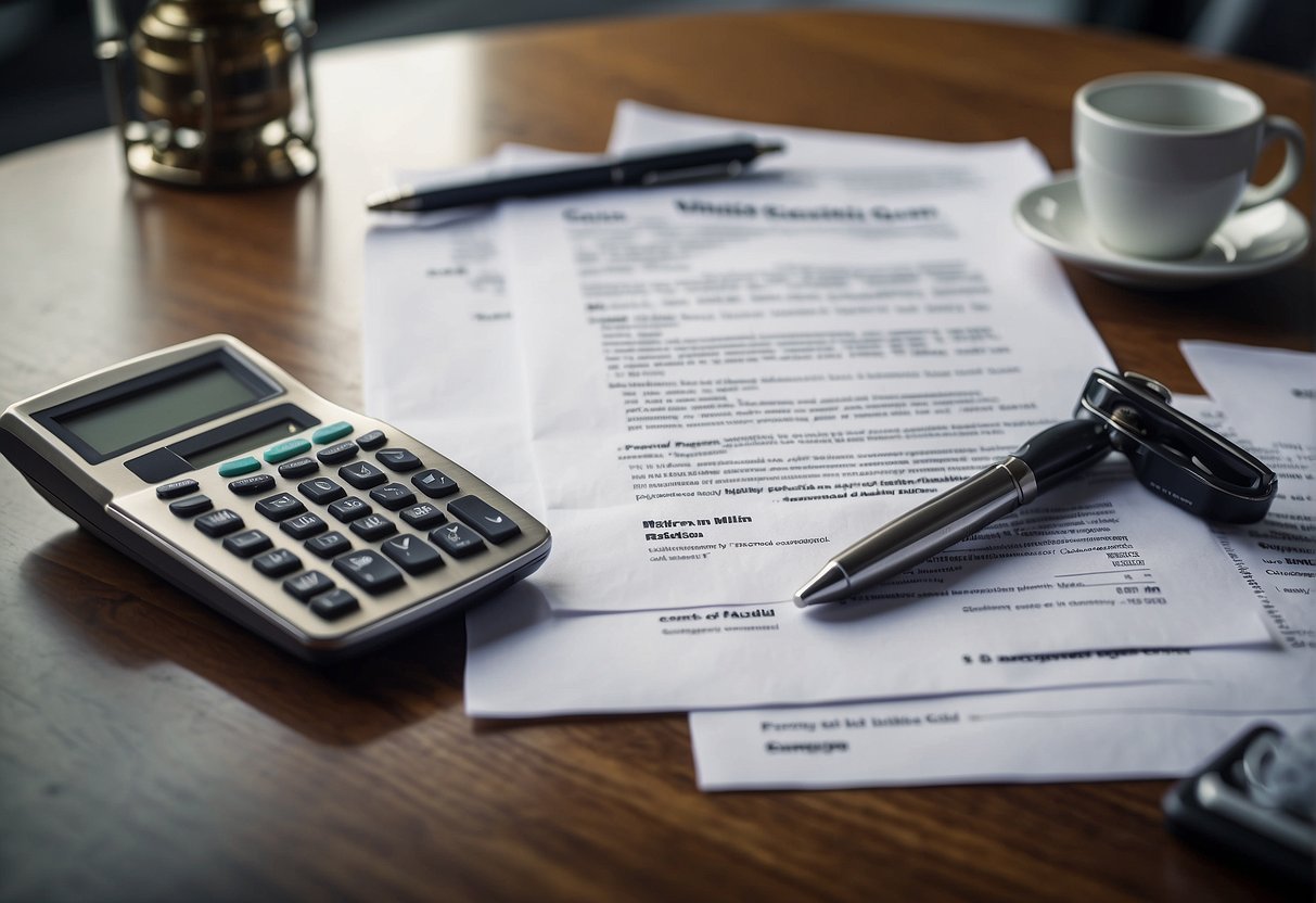 A table with documents, a calculator, and a scale representing the costs and financial considerations of personal injury claims mediation and arbitration