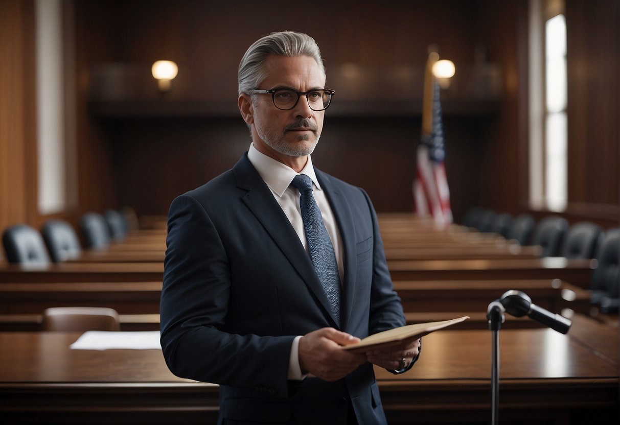 A lawyer stands confidently in a courtroom, presenting evidence to a judge and jury. The room is filled with legal documents and professional decor