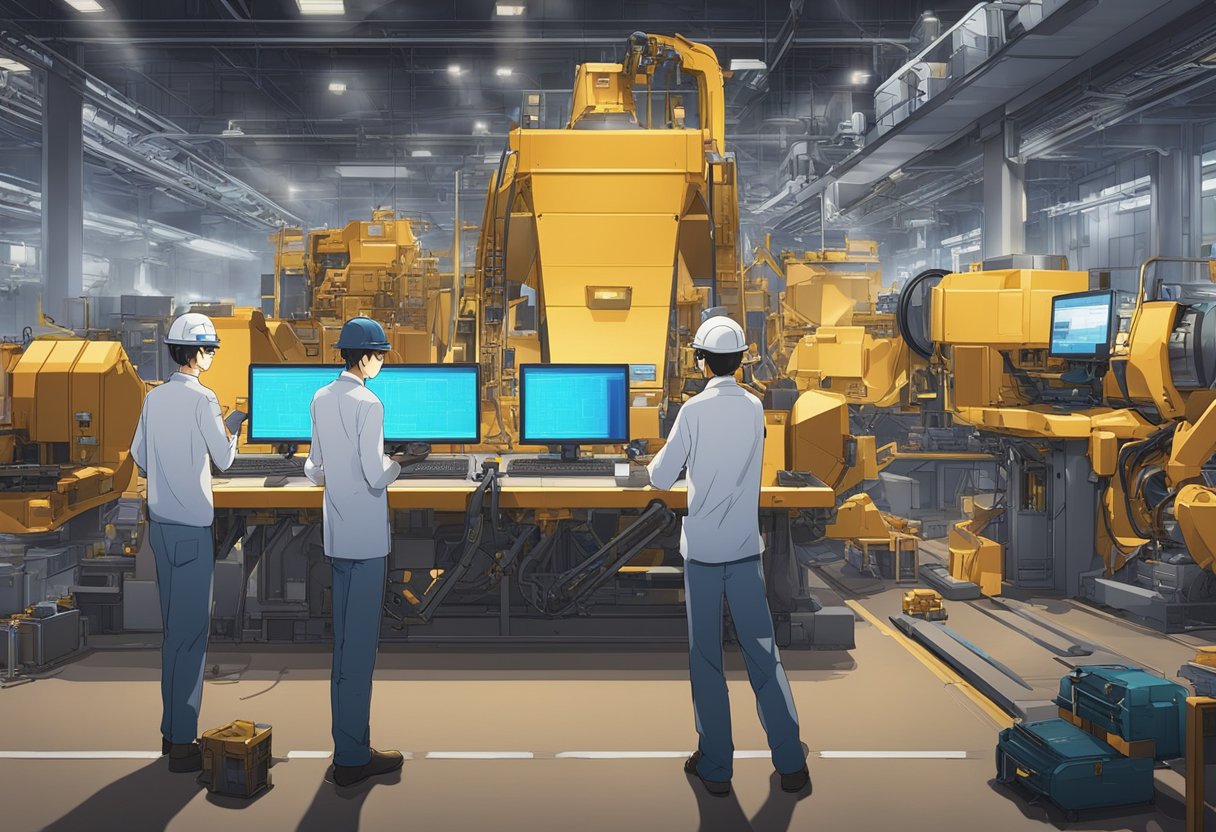 A group of workers set up advanced machinery for a new mining operation, featuring cutting-edge 7 nm chips. The scene is filled with technology and activity as the company prepares for the launch