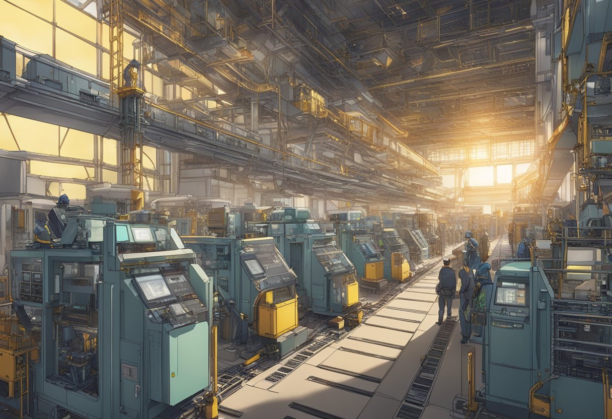 A bustling mining site with advanced equipment and 7 nm chips being installed