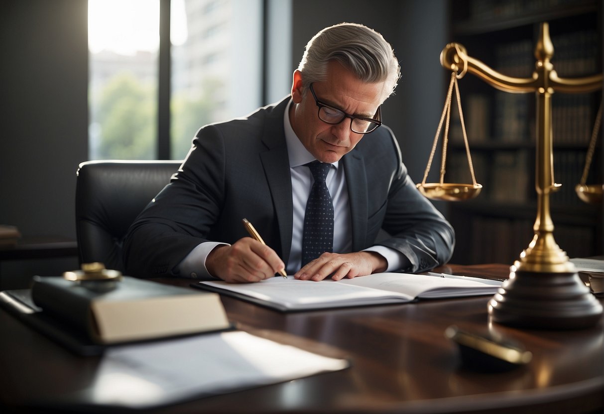 A lawyer sitting at a desk, reviewing documents and speaking with a client. A scale representing justice is depicted in the background