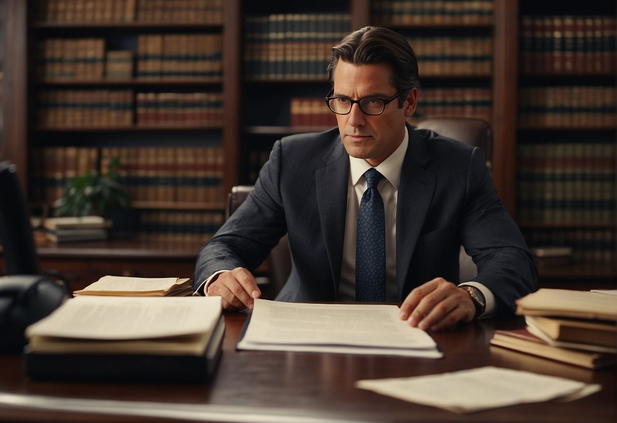 A personal injury lawyer sits at a desk, reviewing legal documents and negotiating settlements with insurance companies. The lawyer is focused and determined, with a stack of papers and a computer on the desk