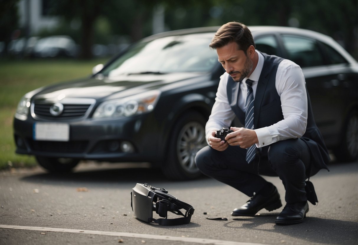 A personal injury lawyer carefully examines a car accident scene, gathering evidence and taking photographs for a strong case