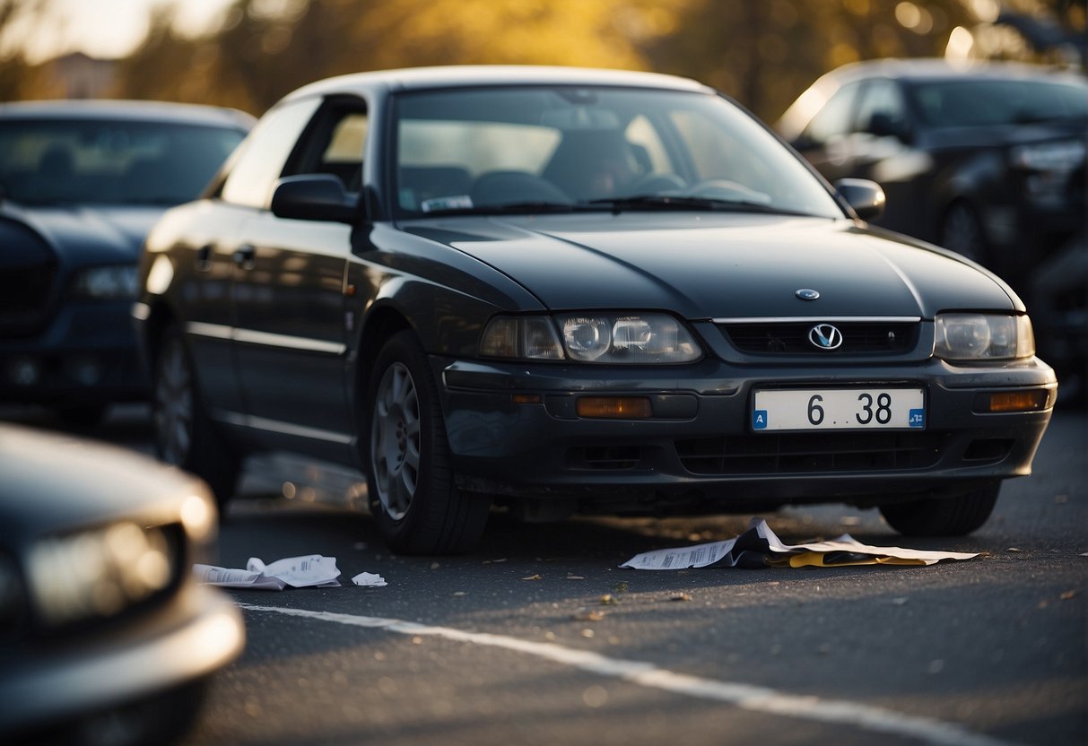 A personal injury lawyer examines a car accident scene, collecting evidence and documenting legal and insurance challenges
