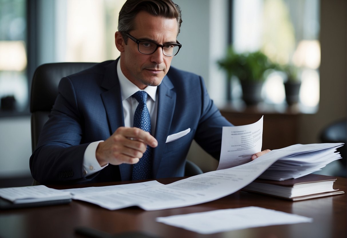 A personal injury lawyer negotiates with insurance companies, reviewing legal documents and communicating with clients