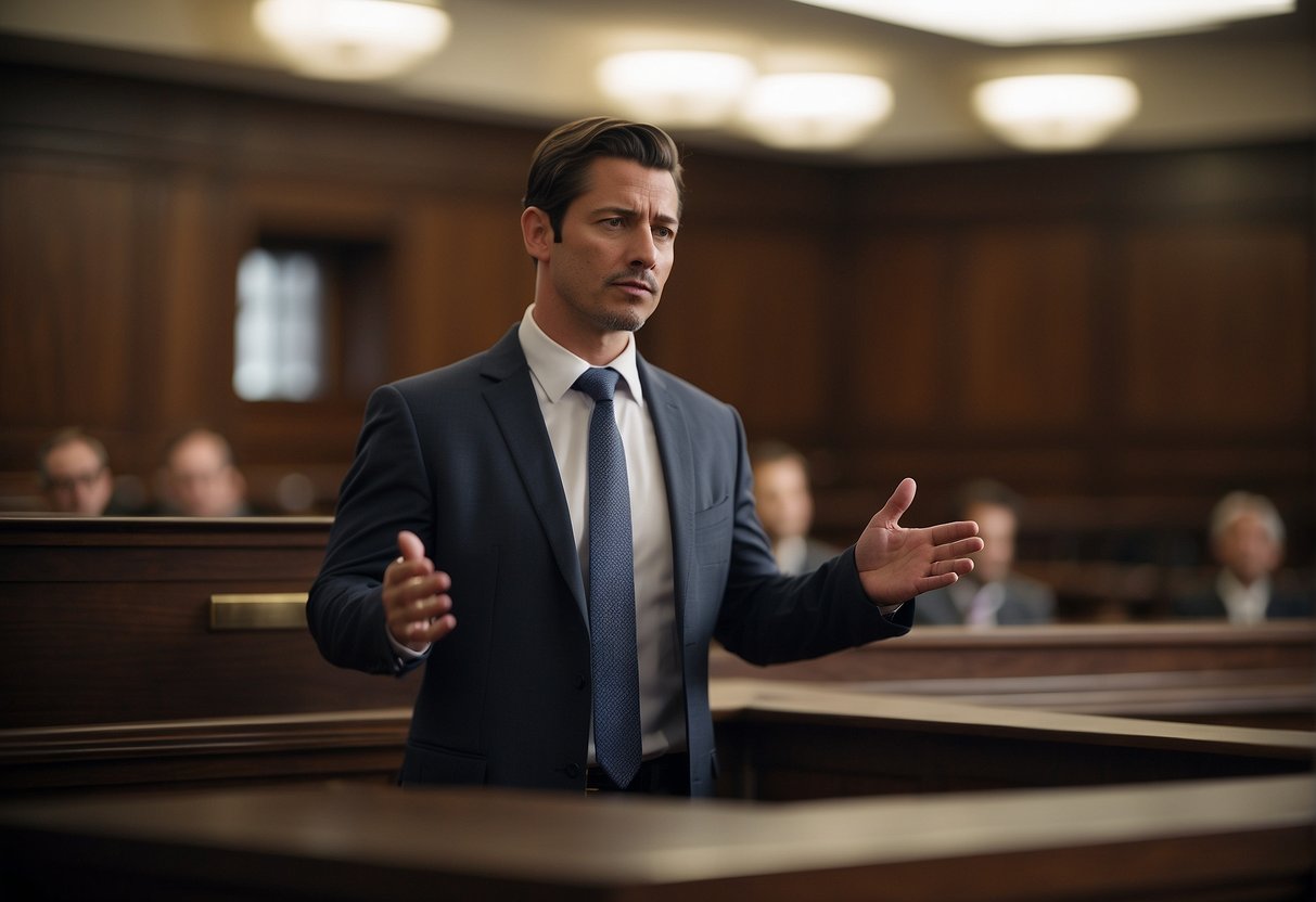 A personal injury lawyer standing in a courtroom, presenting evidence and arguing a case before a judge and jury
