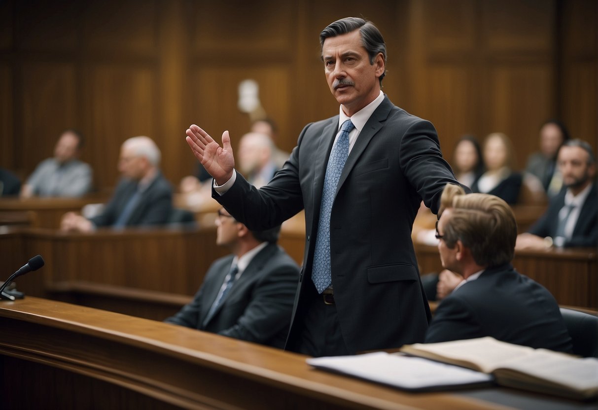 A personal injury lawyer standing confidently in a courtroom, presenting evidence and making a compelling argument to the judge and jury