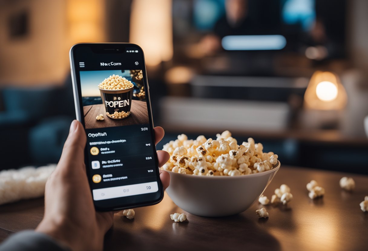 Tangan memegang telefon pintar dengan aplikasi penstriman filem dibuka pada skrin, dikelilingi popcorn, minuman dan selimut yang selesa