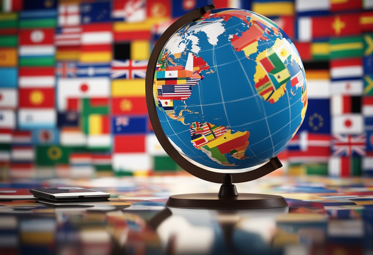 A globe surrounded by marketing materials and international flags, symbolizing global market conquest through marketing and sales