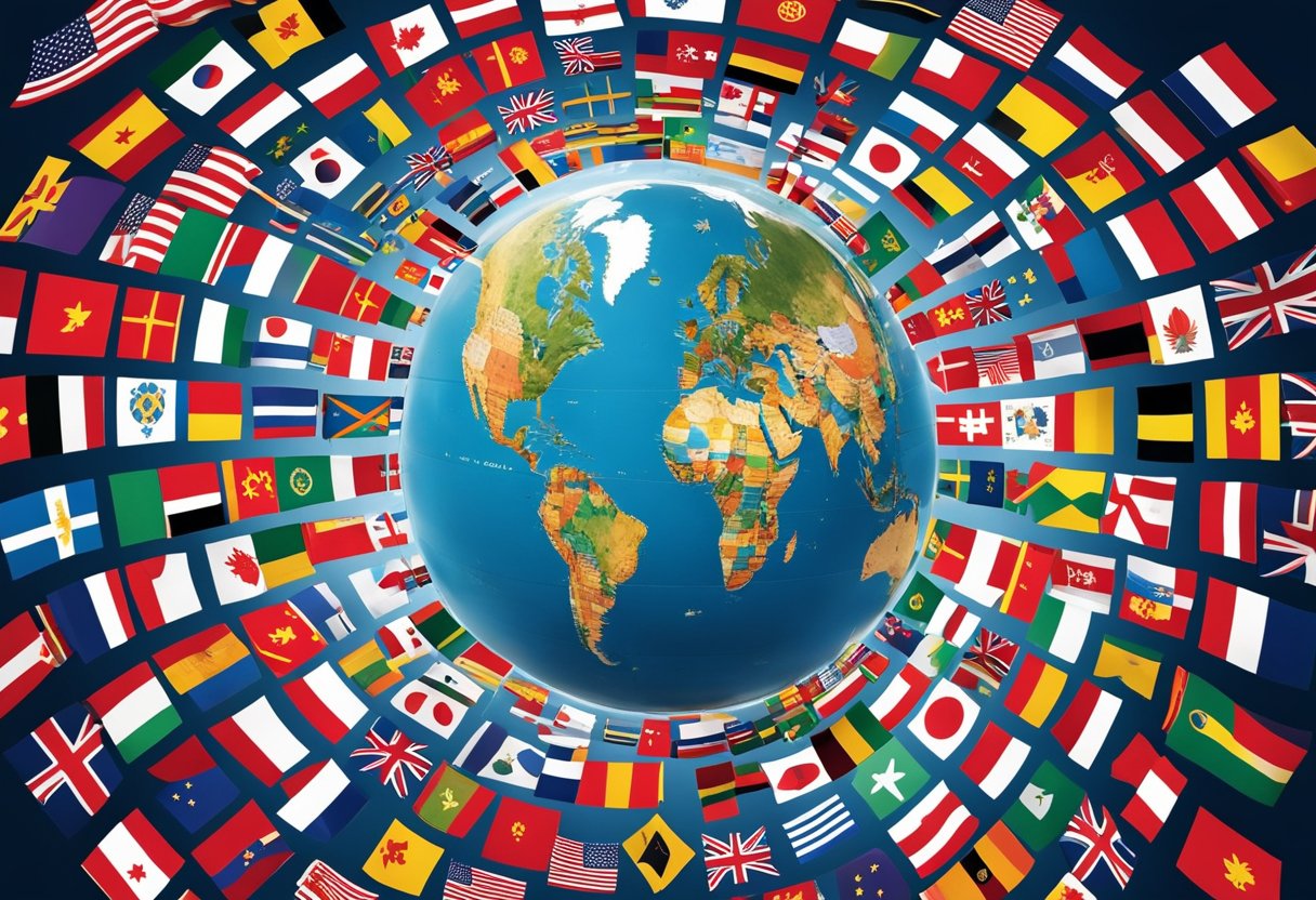 A globe surrounded by flags from different countries, with arrows pointing outward, symbolizing international marketing and sales expansion