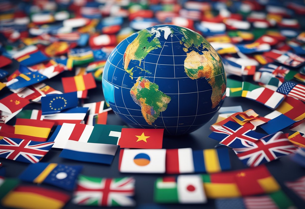 A globe surrounded by flags, representing global markets. Marketing and sales materials spread out, showcasing international expansion