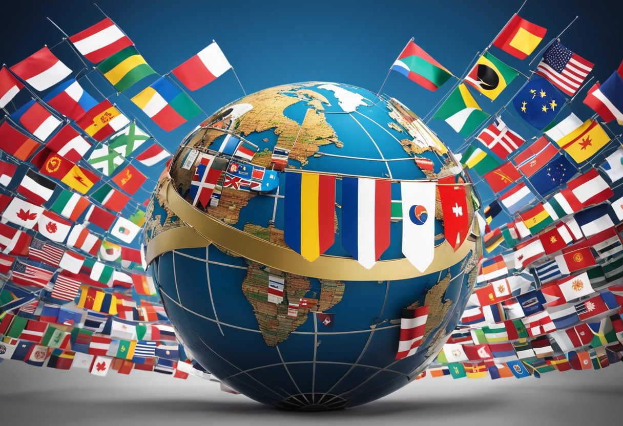 A globe surrounded by various international flags, with arrows pointing from the globe to different countries, representing global marketing and international sales operations