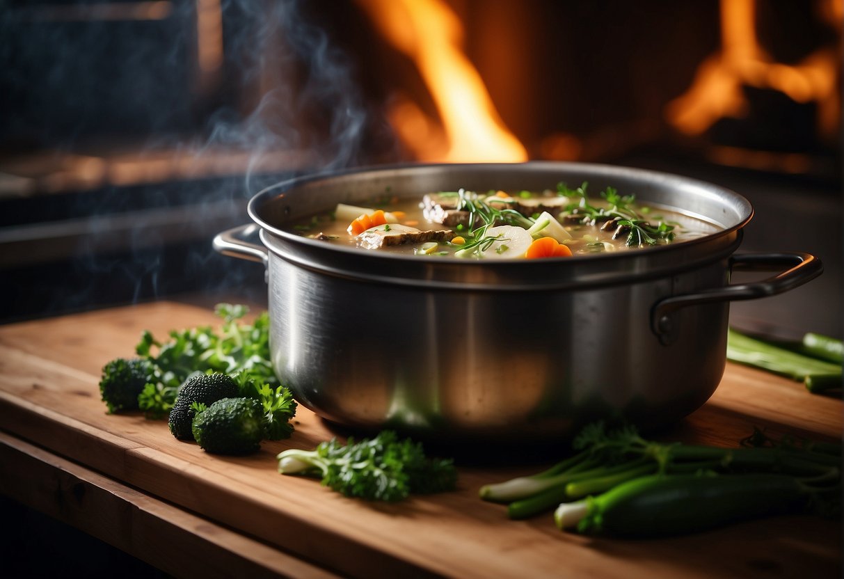 A large pot simmering on a stove, filled with chunks of tender crocodile meat, vegetables, and aromatic herbs in a flavorful broth