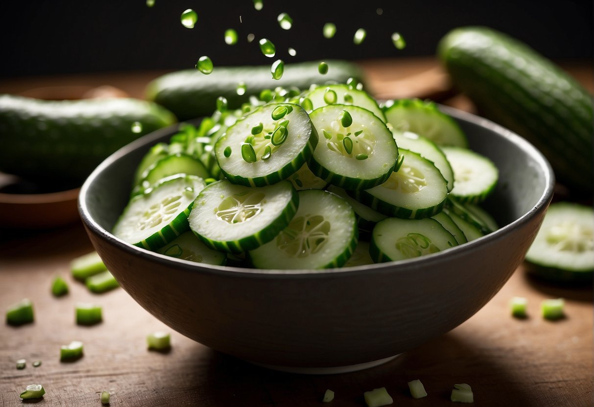 Fresh cucumbers being sliced and mixed with soy sauce, vinegar, and garlic in a bowl. Green onions and sesame seeds sprinkled on top