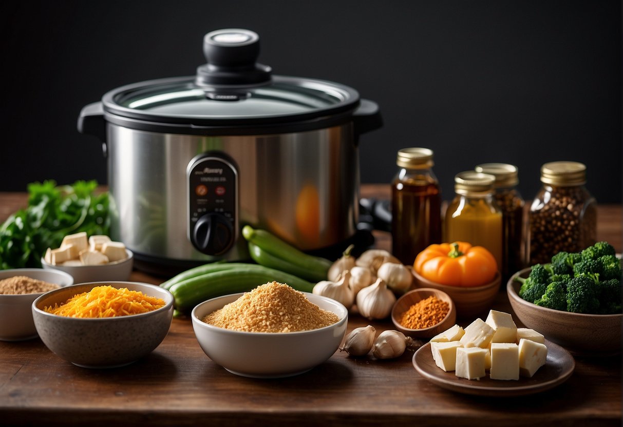 A variety of fresh vegetables, tofu, soy sauce, ginger, garlic, and Chinese five-spice powder on a kitchen counter next to a crock pot