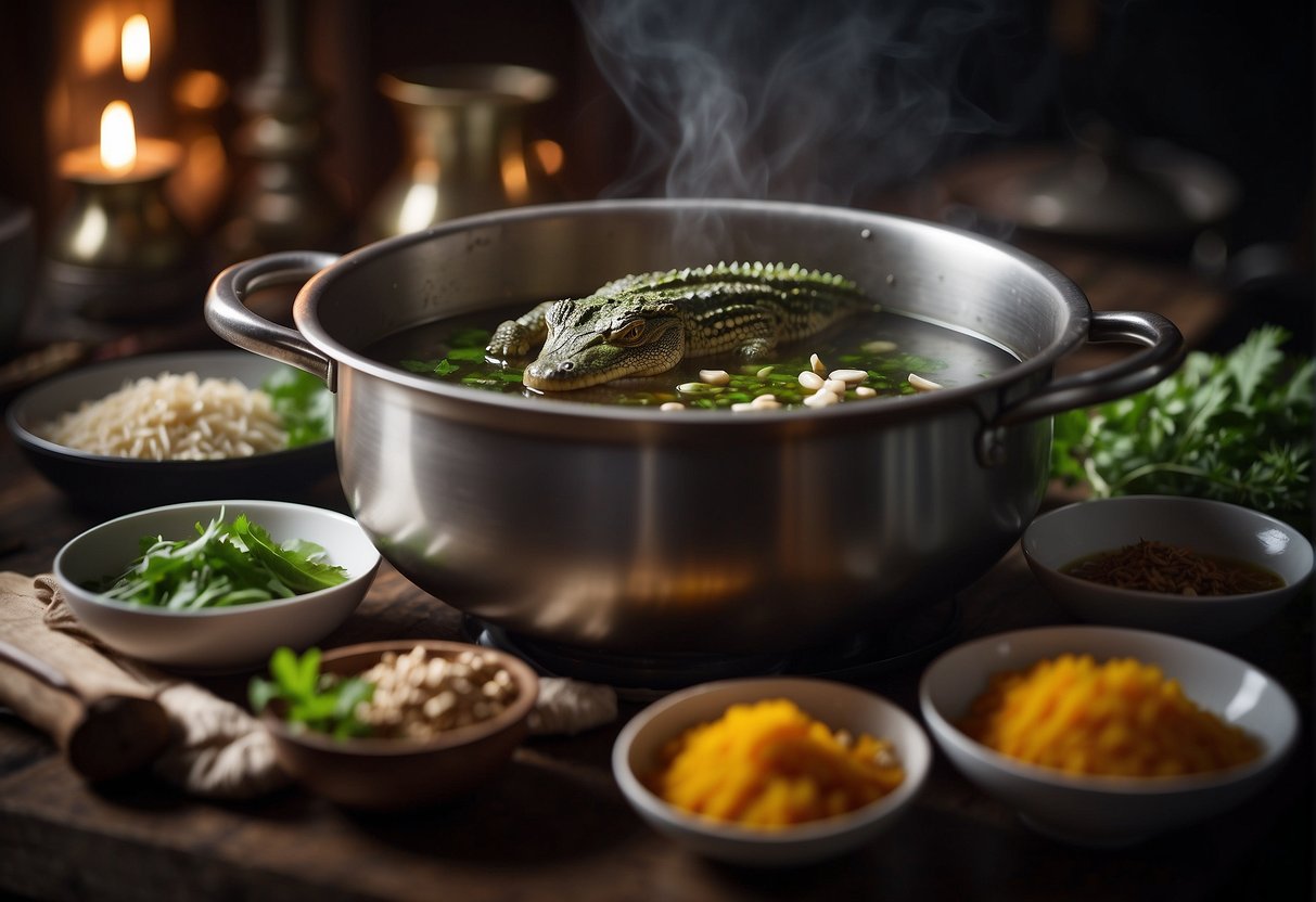 A pot simmering with Chinese herbs and spices, with a whole crocodile carcass being slowly cooked to create the essential ingredients for Chinese crocodile soup recipe