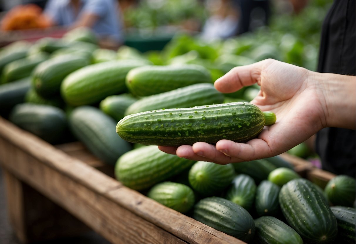 A hand reaches for a vibrant green cucumber from a pile at a market stall, inspecting it closely with a discerning eye
