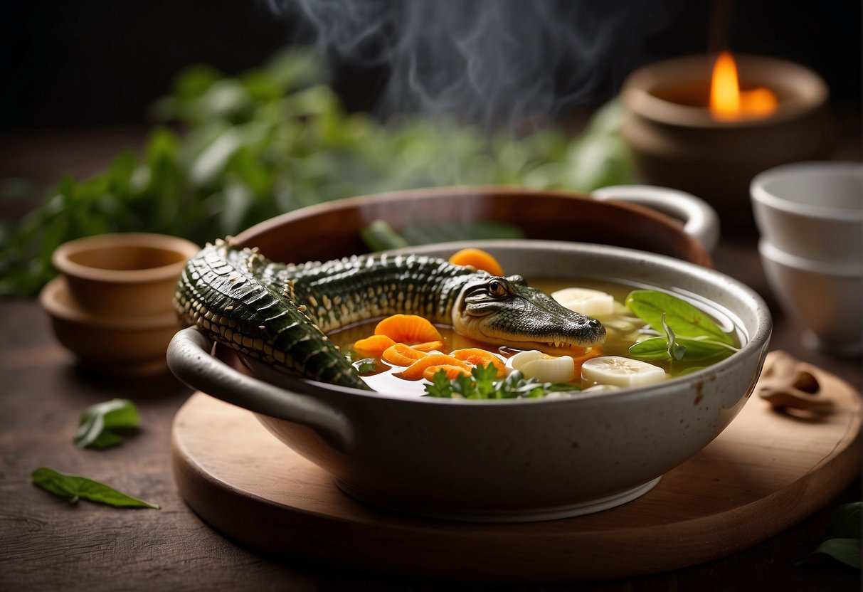 A simmering pot of Chinese crocodile soup with medicinal herbs and vegetables, emitting a fragrant aroma, surrounded by traditional Chinese medicine ingredients
