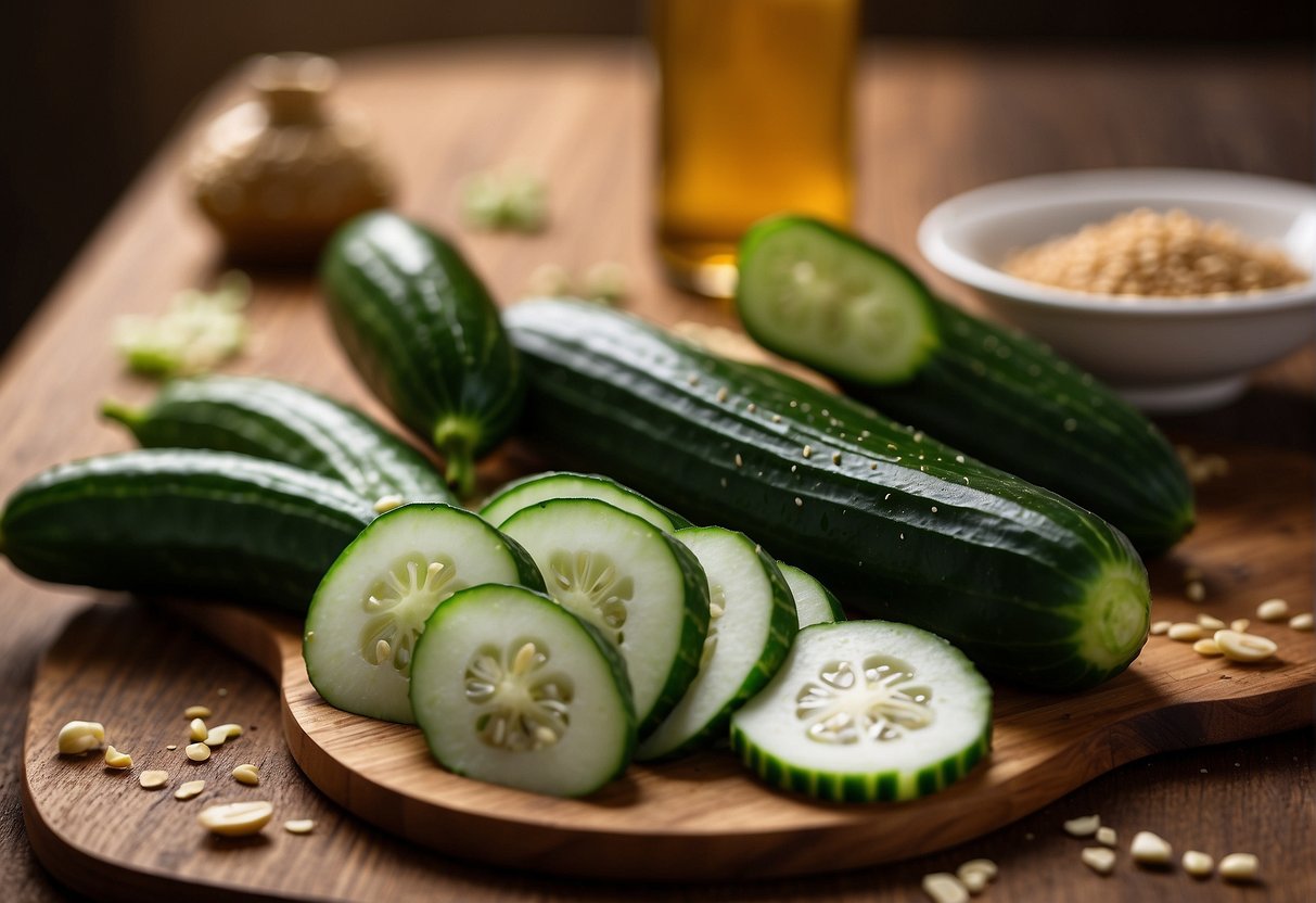 A cutting board with Chinese cucumbers, soy sauce, vinegar, garlic, and sesame oil. Optional substitutions include regular cucumbers and rice vinegar