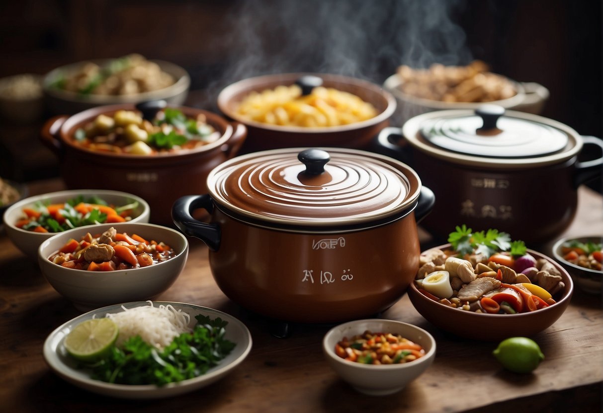 Various Chinese crock pot dishes simmering in a traditional clay pot, filled with aromatic spices and colorful ingredients