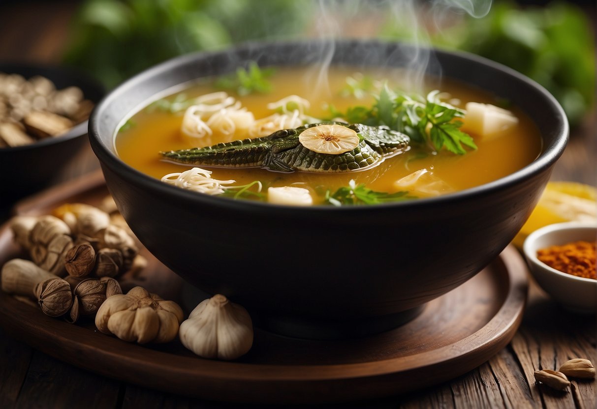 A steaming bowl of Chinese crocodile soup surrounded by traditional Chinese herbs and spices