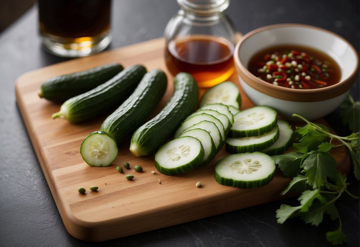 A cutting board with sliced Chinese cucumbers, garlic, and chili peppers. A bowl of soy sauce, vinegar, and sugar next to a mixing spoon