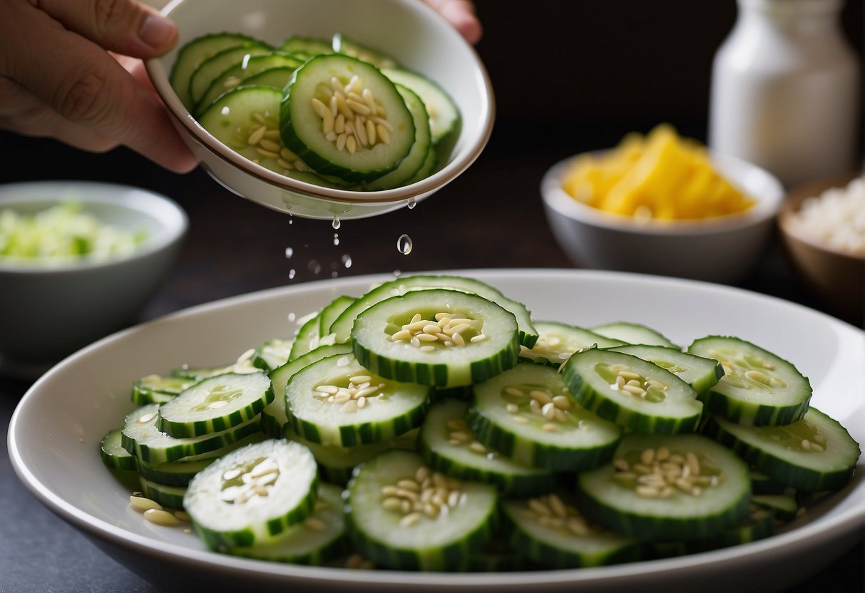 Fresh cucumbers, sesame oil, soy sauce, and garlic are being mixed in a bowl, creating a savory Chinese cucumber salad