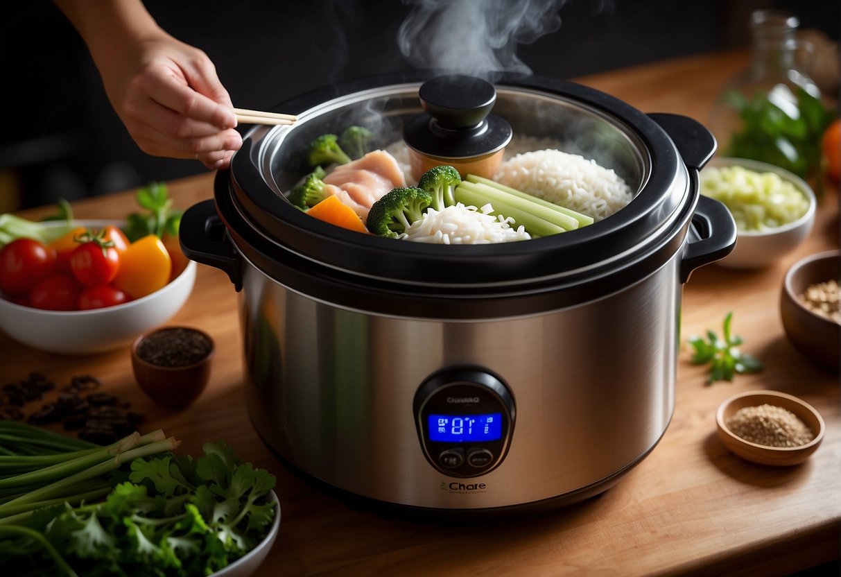 Ingredients being added to a crock pot, steam rising, chopsticks stirring, and a lid covering the pot