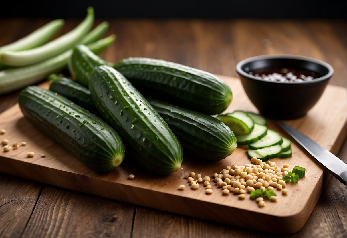 Fresh cucumbers arranged on a wooden cutting board with a knife and a bowl of soy sauce and vinegar next to them. A small dish of sesame seeds and chopped green onions also present