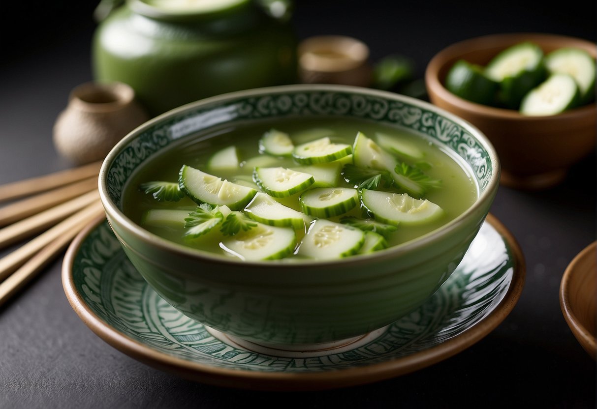 A pot of simmering Chinese cucumber soup with sliced cucumbers, ginger, and scallions, surrounded by traditional Chinese soup bowls and chopsticks