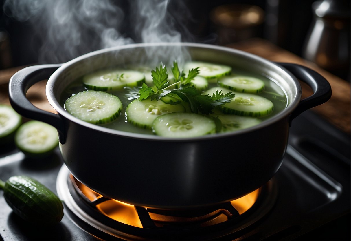 A steaming pot of Chinese cucumber soup, filled with sliced cucumbers, fragrant herbs, and savory broth, simmering on a stove