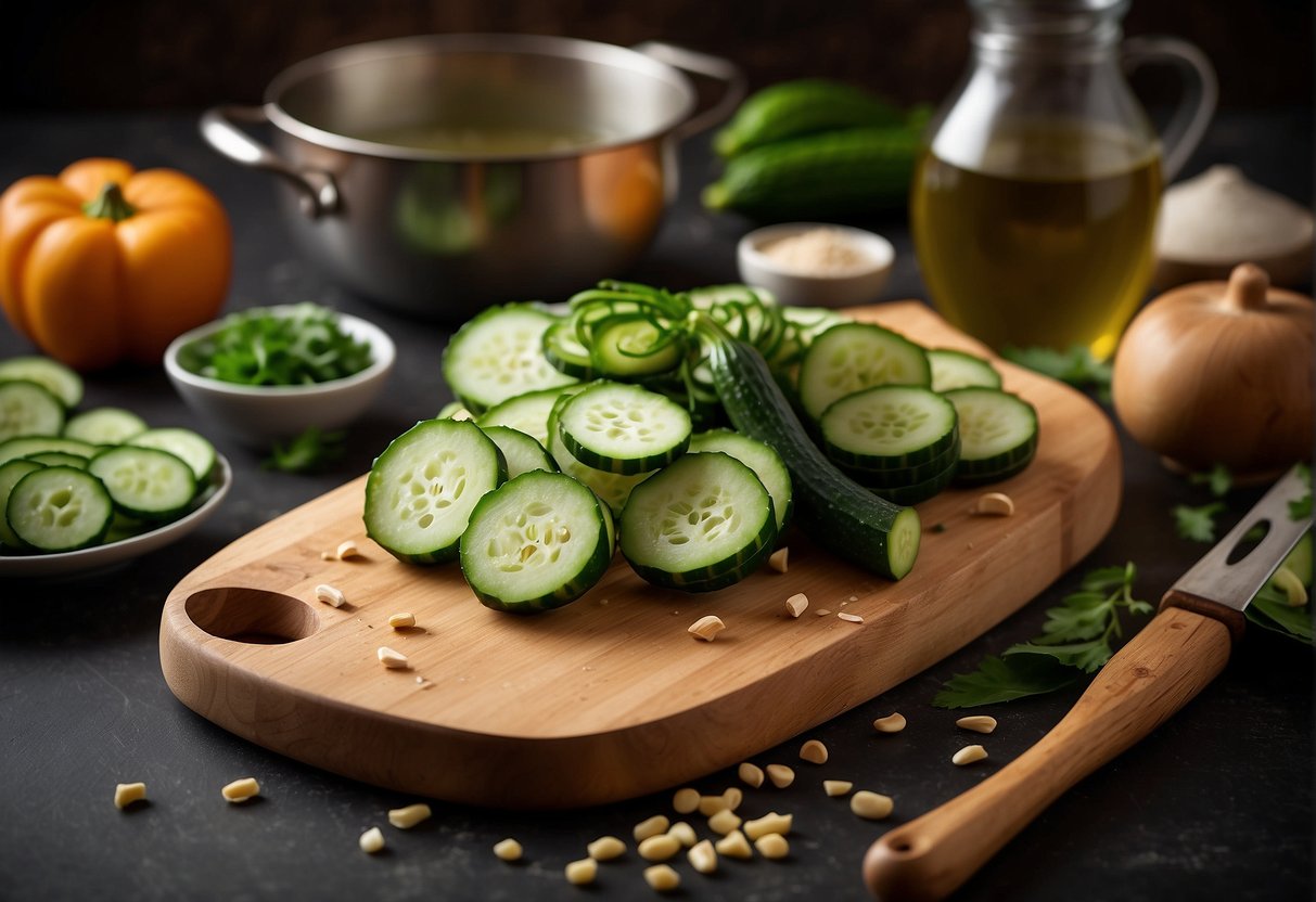 A cutting board with sliced cucumbers, ginger, and scallions. A pot with simmering broth and a ladle. Ingredients like sesame oil and soy sauce nearby