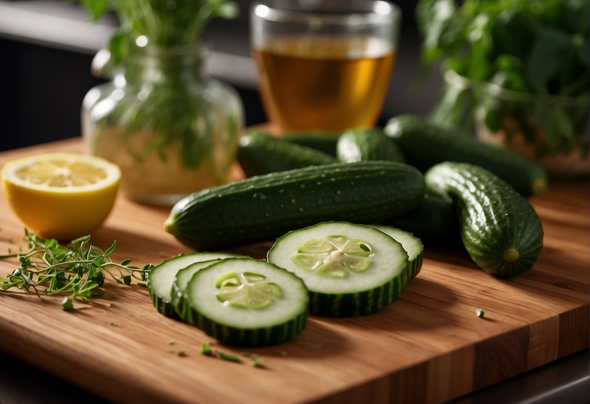 Fresh cucumbers and aromatic herbs are being sliced and chopped on a wooden cutting board, while a pot of broth simmers on the stove