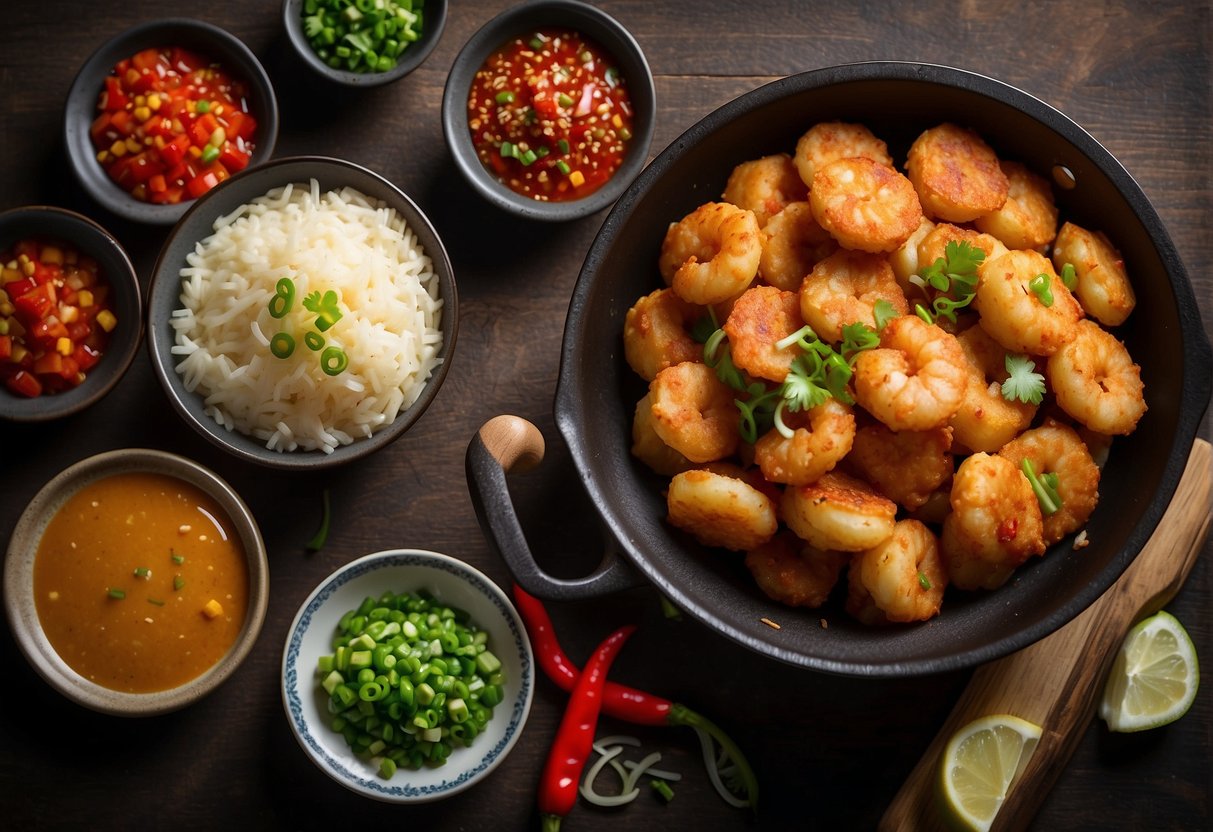 A sizzling wok fries golden-brown shrimp fritters with diced scallions and red chili, surrounded by bowls of batter and ingredients