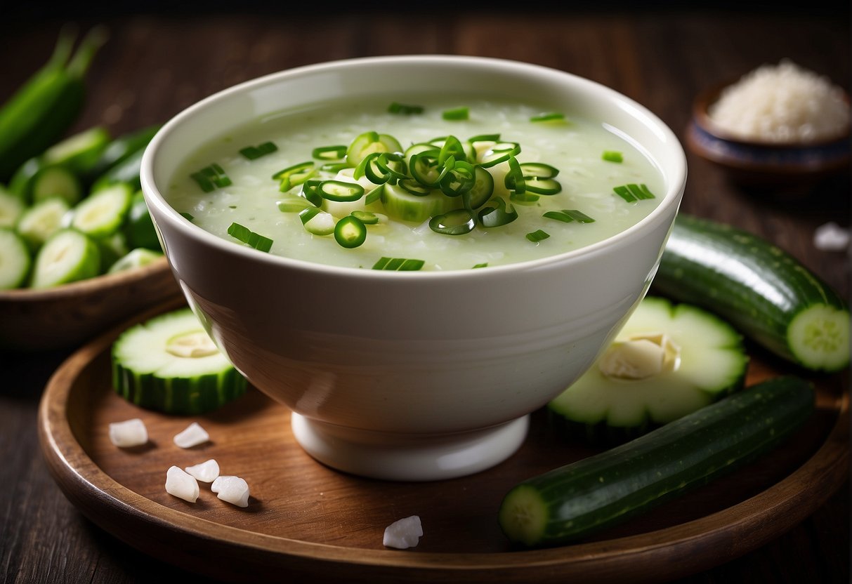 A steaming bowl of Chinese cucumber soup sits on a wooden table, surrounded by fresh ingredients like sliced cucumbers, green onions, and a small dish of soy sauce