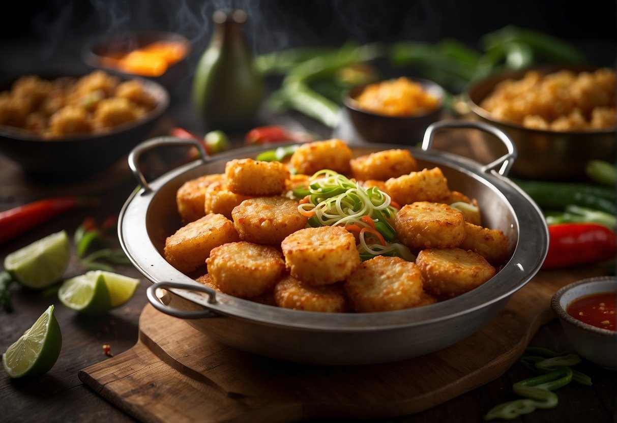 A wok sizzles with prawn fritters in a golden batter, surrounded by fresh Chinese cucur udang ingredients like prawns, scallions, and chili peppers