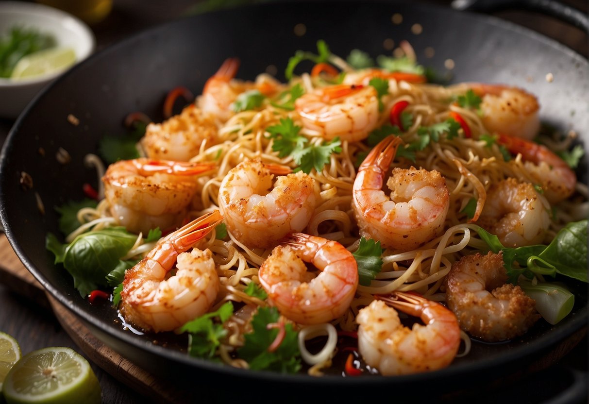 A wok sizzles as shrimp fritters fry in hot oil, surrounded by ingredients like shallots, chilies, and bean sprouts