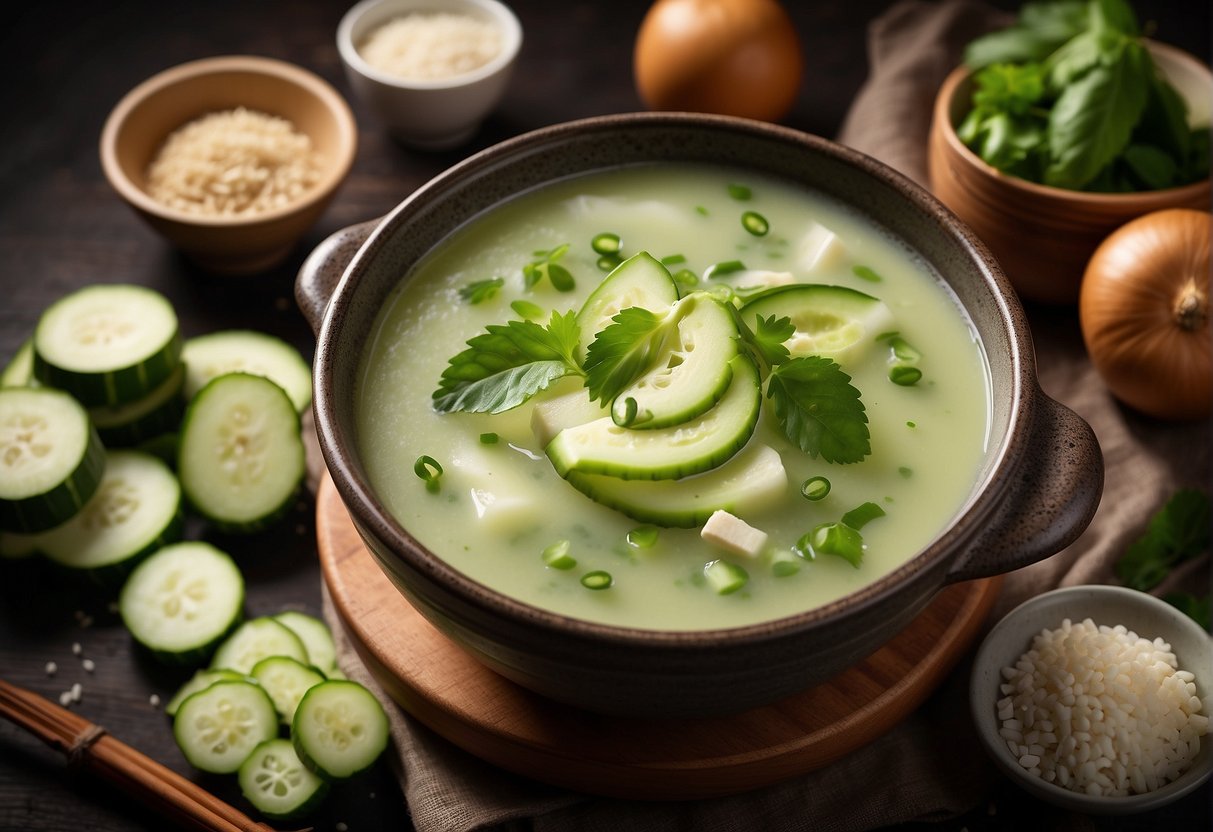 A steaming pot of Chinese cucumber soup surrounded by fresh ingredients and a recipe card