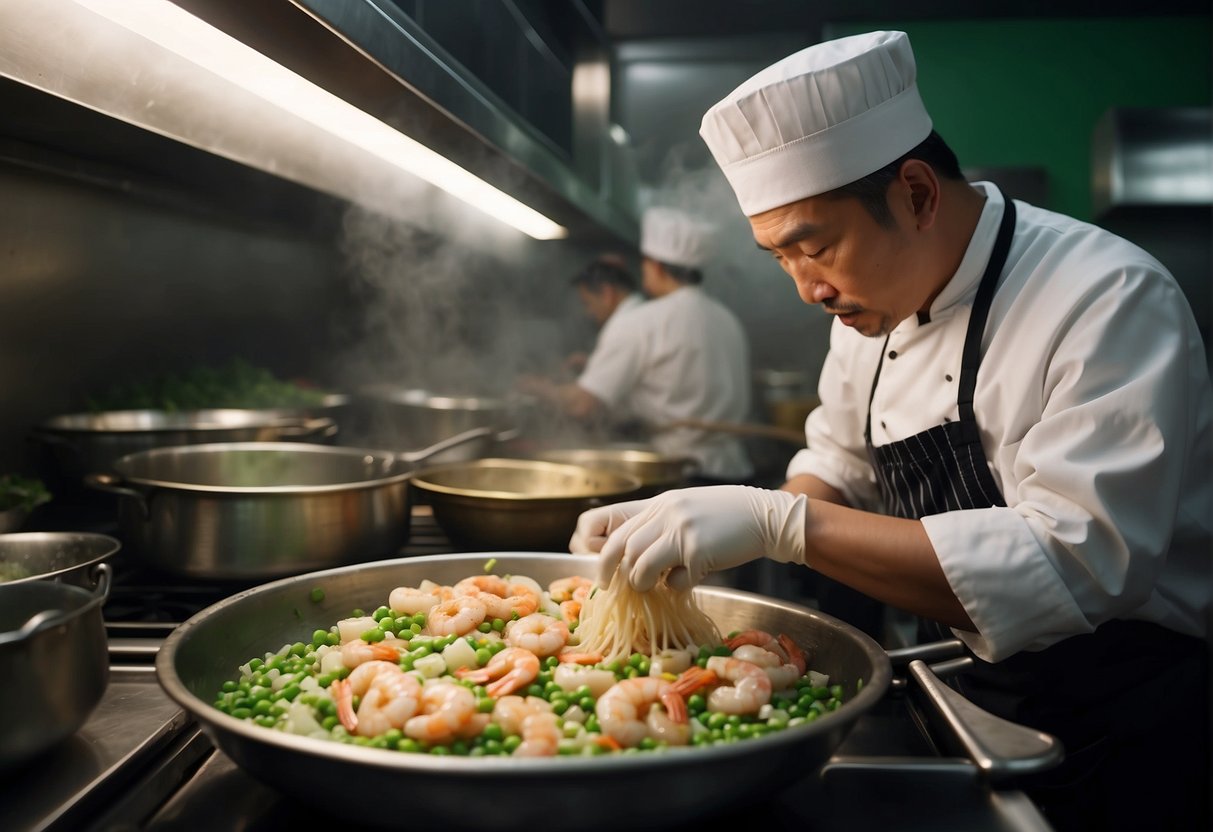 A chef mixes batter with shrimp and green onions in a bustling Chinese kitchen