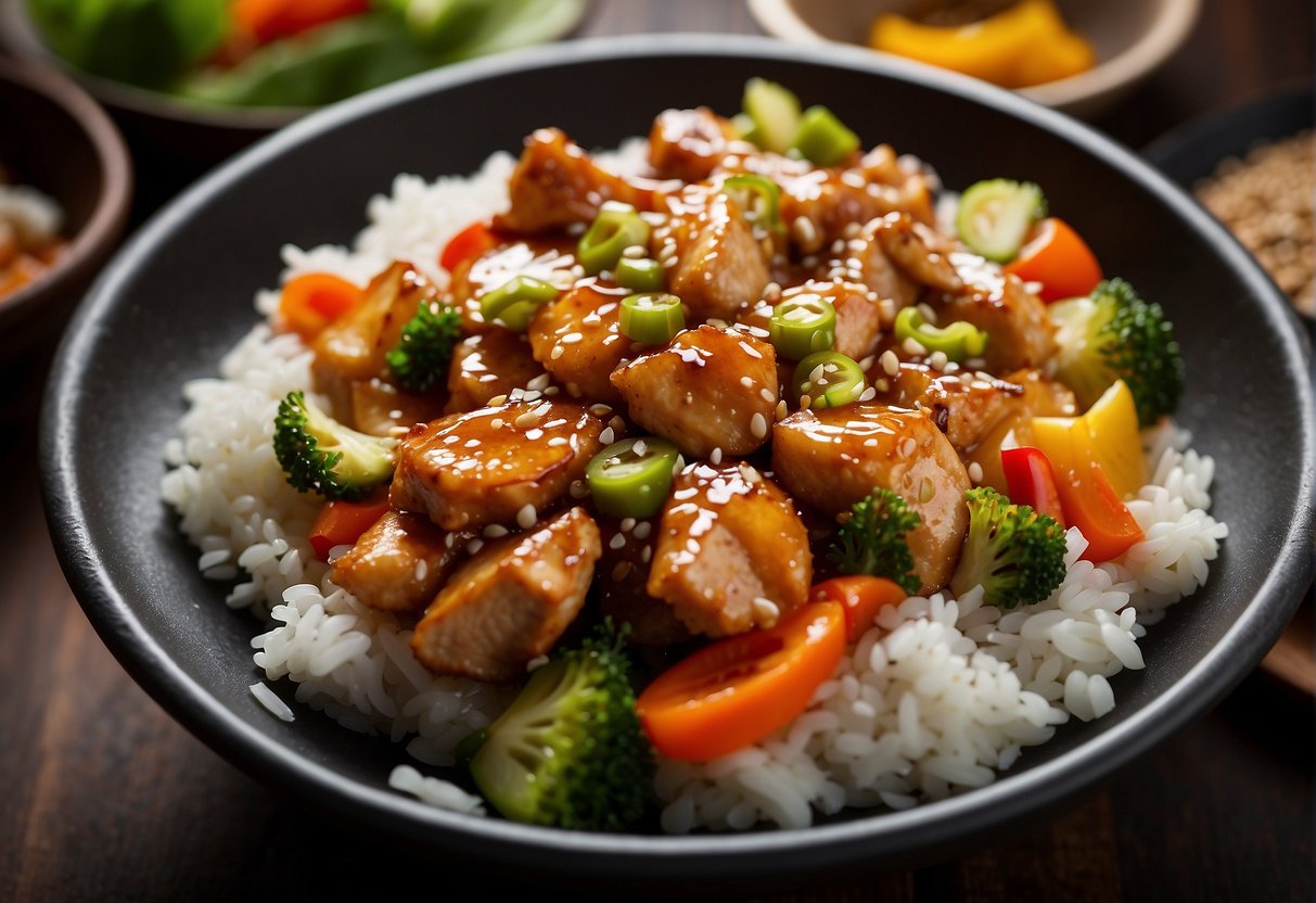 A sizzling wok tosses marinated chicken, ginger, and garlic in a fragrant cloud of soy sauce and sesame oil, surrounded by colorful vegetables and steaming rice
