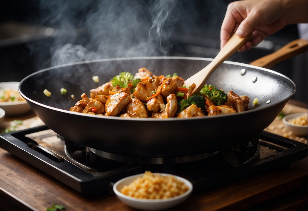 A wok sizzles with marinated chicken, garlic, ginger, and soy sauce. Steam rises as the chef tosses the ingredients with a wooden spatula