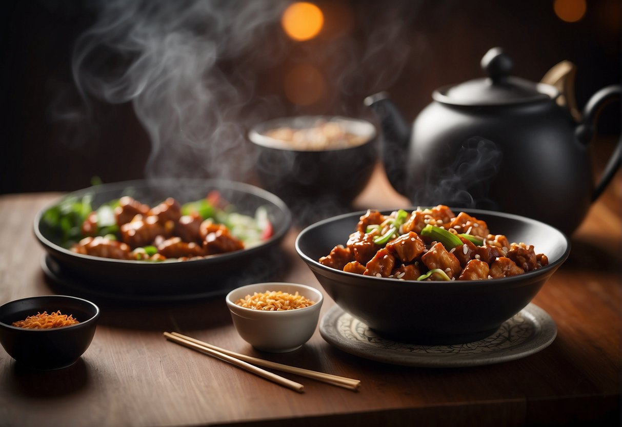 A table filled with steaming plates of Kung Pao chicken, General Tso's chicken, and sesame chicken. Chopsticks and a teapot complete the scene
