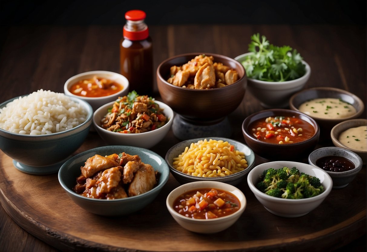 A table filled with various sauces and seasonings, alongside a stack of Chinese cuisine chicken recipes